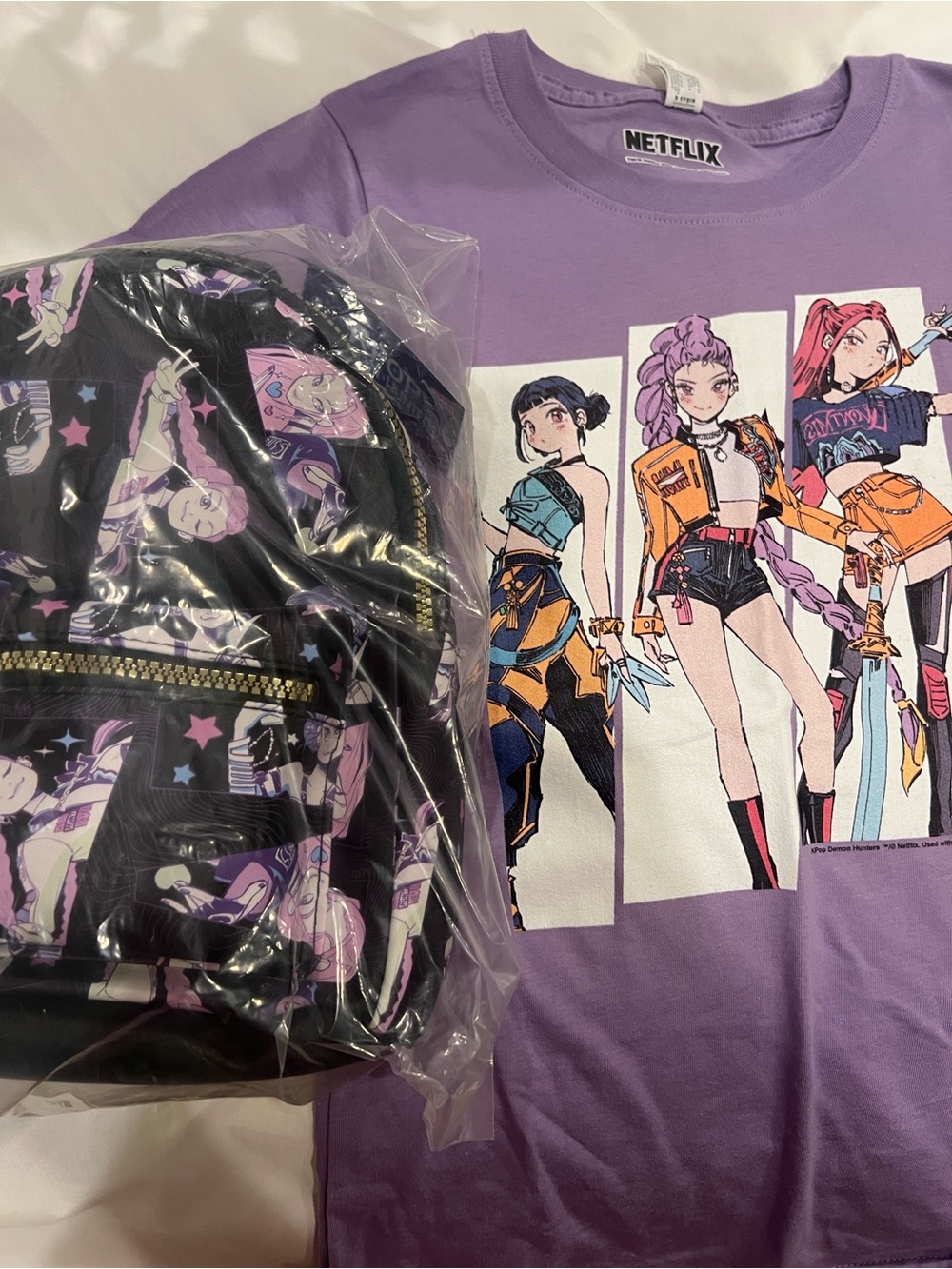 K Pop Demon Hunters Netflix Kids' Purple Graphic Anime Tee and mini backpack